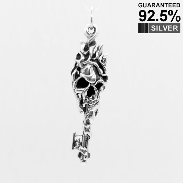 925 Sterling Silver 3D Skull Key with Fire Flame Pendant Necklace