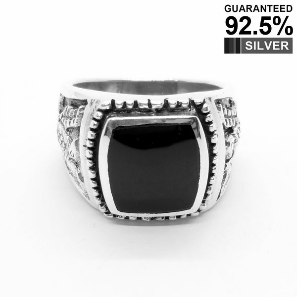 925 Sterling Silver Black Onyx Gem Hawk Eagle Signet Ring / Stone Ring