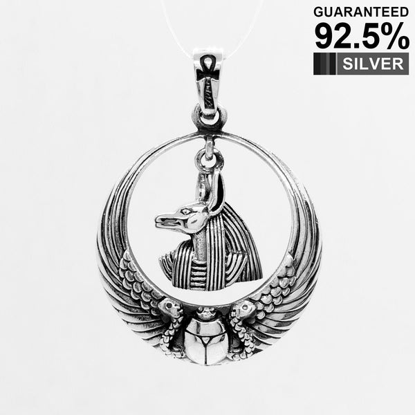 925 Sterling Silver Egyptian Anubis Ankh Cross Scarab Snake Wing Pendant Necklace