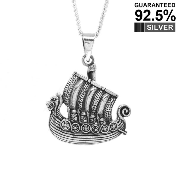 925 Sterling Silver Dragon Figurehead Viking Long Boat Ship Pendant Necklace