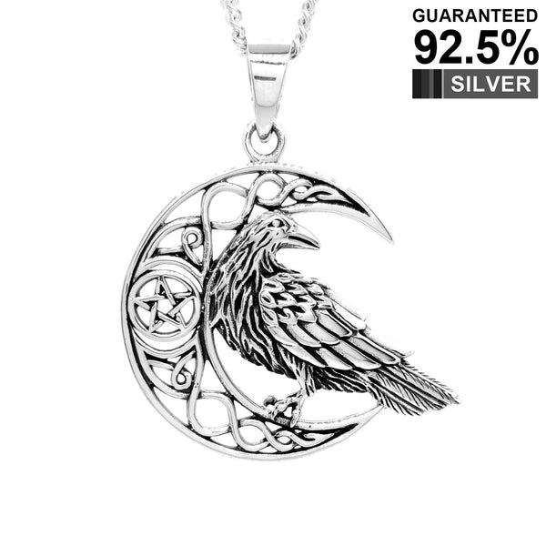 925 Sterling Silver Celtic Knot Pentagram Raven Moon Pagan Wicca Pendant Necklace / Solid / Quality