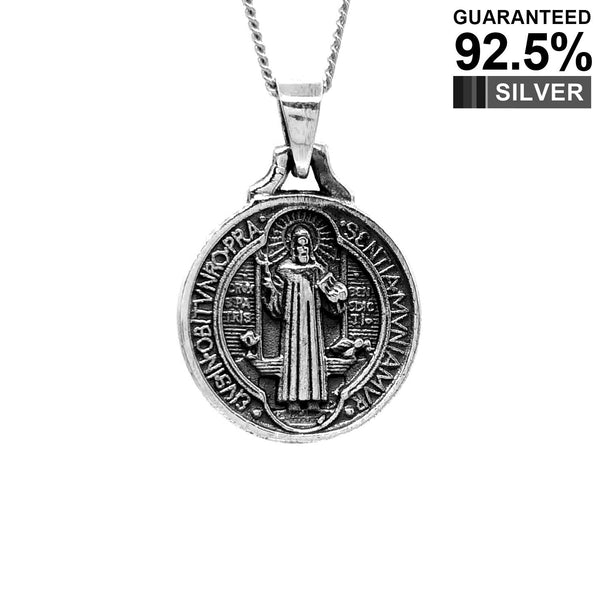 925 Sterling Silver St Saint Benedict Protection Medal Pendant with Chain / Double Sided