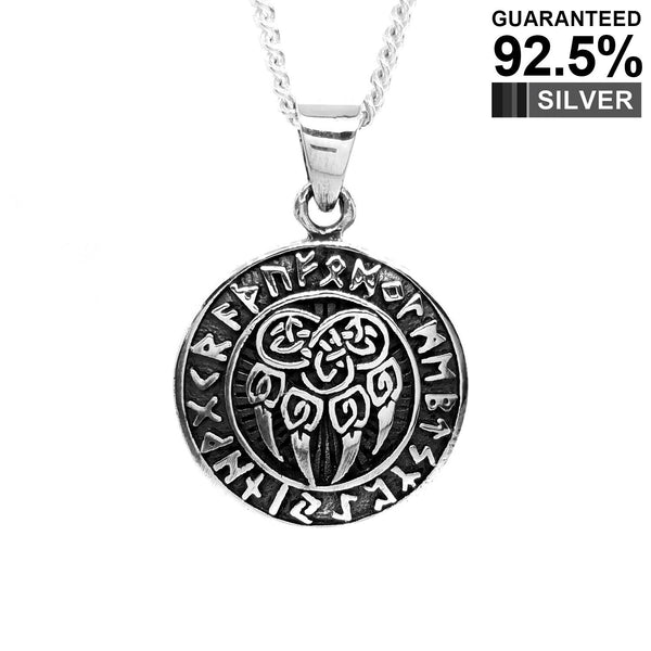 925 Sterling Silver Norse Viking Rune Neo Pagan Celtic Wolf Paw Claw Pendant Necklace