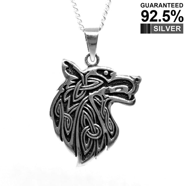 925 Sterling Silver Celtic Knot Wolf Head Neo Pagan Pendant Necklace