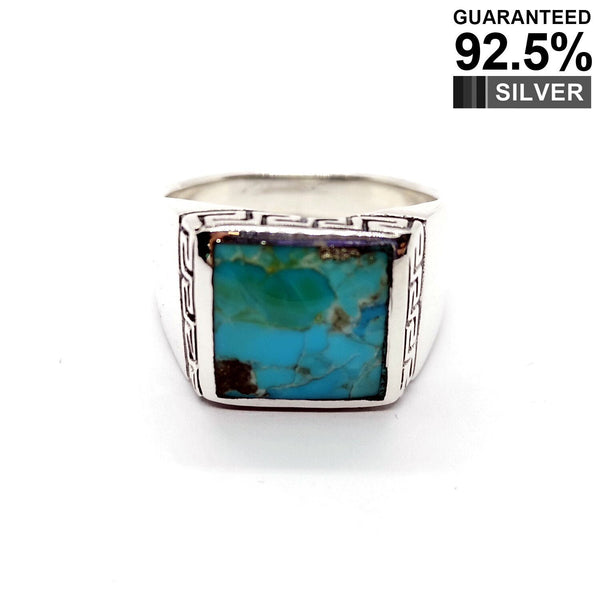 925 Sterling Silver Turquoise Gem Greek Key Square Signet Ring / Stone Ring