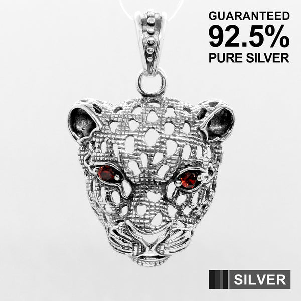 925 Sterling Silver 3D Leopard Mask With Red CZ Eye Pendant Necklace
