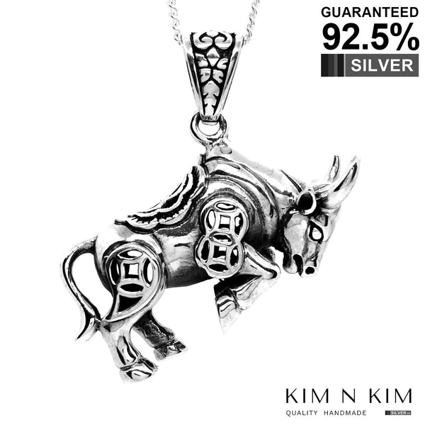 925 Sterling Silver Raging Bull Taurus Pendant Necklace