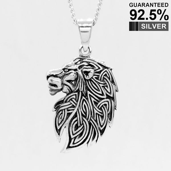 925 Sterling Silver Celtic Knot Lion King Head Neo Pagan Pendant Necklace