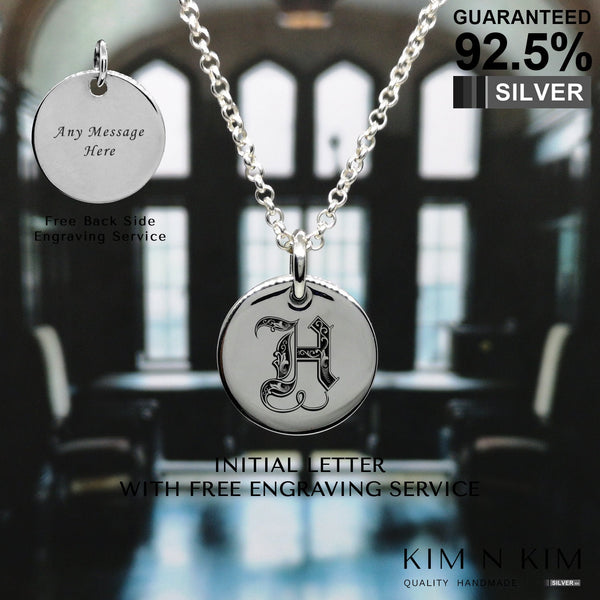 925 Silver Old English Alphabet Monogram Necklace, Initial Necklace, Disc Initial Necklace