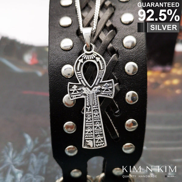 925 Sterling Silver Large Ancient Egyptian Ankh Cross with Hieroglyphs Pendant Necklace