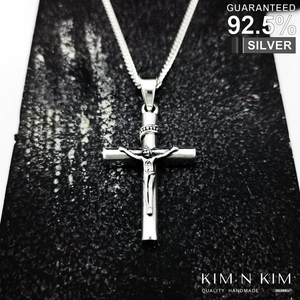 925 Sterling Silver Thick Crucifix Jesus Cross Pendant Necklace