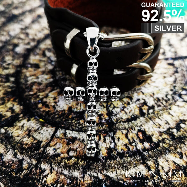 925 Sterling Silver Thick Multi Skull Cross Pendant