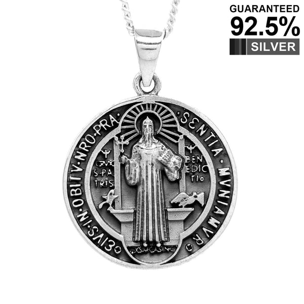 925 Sterling Silver St Saint Benedict Protection Medal Pendant Necklace / Double Sided