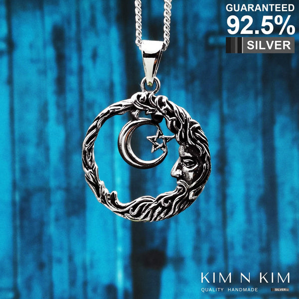 925 Sterling Silver Crescent Moon and Star Wicca Wisdom Amulet Pendant Necklace