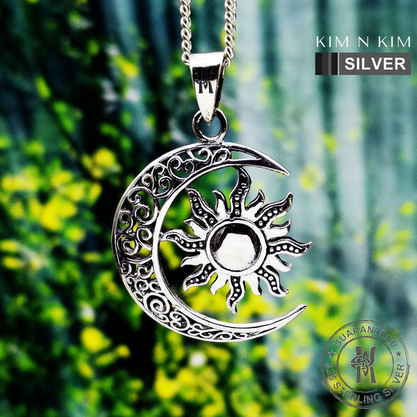 925 Sterling Silver Sun and Crescent Moon Celtic Pendant