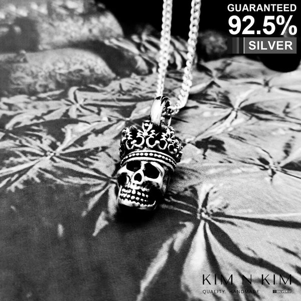 925 Sterling Silver 3D King Skull Pendant Necklace / Crown / Gothic