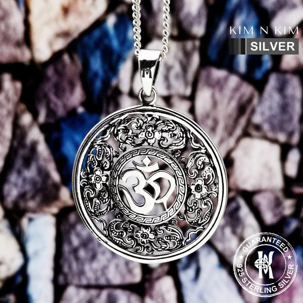 925 Sterling Silver Flower and Om in Circle Pendant