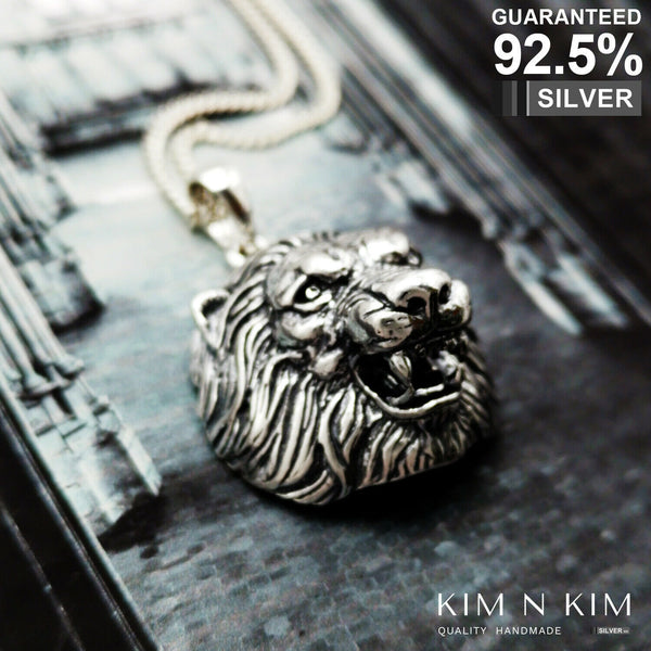 925 Sterling Silver 3D Lion Head Pendant Necklace / Solid / Quality