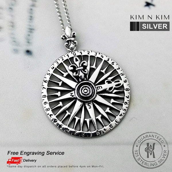 925 Sterling Silver Fleur De Lys Nautical Compass Pendant