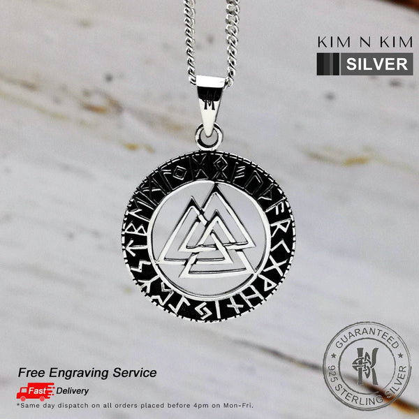 Valknut Pendant Necklace Odin Norse Viking Runes Runic Futhark / Solid 925 Sterling Silver / Quality / Free Engraving