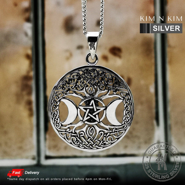 Triple Moon Goddess Pentacle Tree of Life Pendant