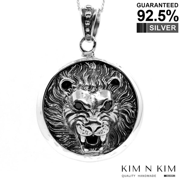 925 Sterling Silver Large 3D Lion Head Medallion Pendant Necklace