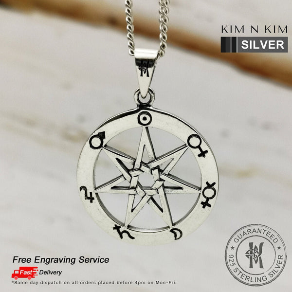 925 Sterling Silver Heptagram(Septagram) Elven(Fairies) Star with Astrological Symbol Pendant