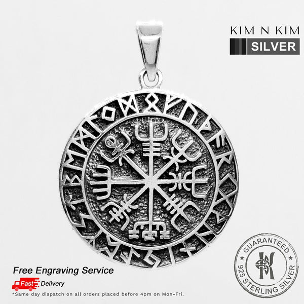 925 Sterling Silver Helm of Awe Vegvisir Norse Viking Compass Rune Pendant(Dome)