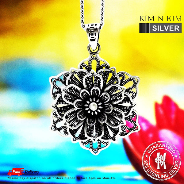 925 Sterling Silver Exquisite Spiritual Mandala Lotus Flower Pendant