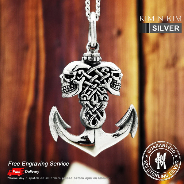 925 Sterling Silver Celtic Double Skull Anchor Pendant