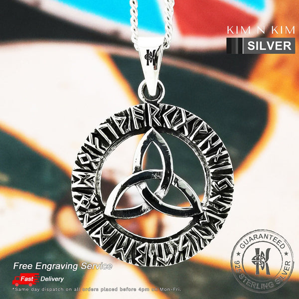 925 Sterling Silver Celtic Triquetra Trinity Knot in Rune Circle Pendant