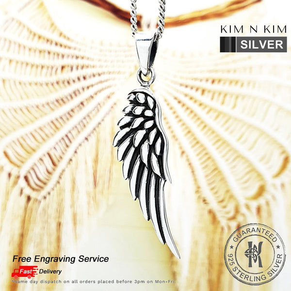 925 Sterling Silver Personalised Large Guardian Angel Wing Pendant