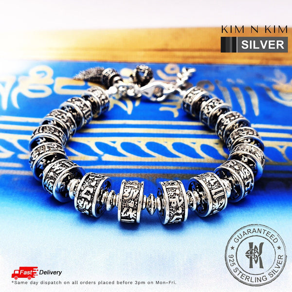 925 Sterling Silver Tibetan Buddhist Lucky Mantra Om Mani Padme Hum Prayer Wheel Bracelet