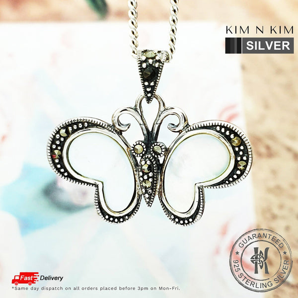 925 Sterling Silver Marcasite with Mother of Pearl Butterfly Pendant