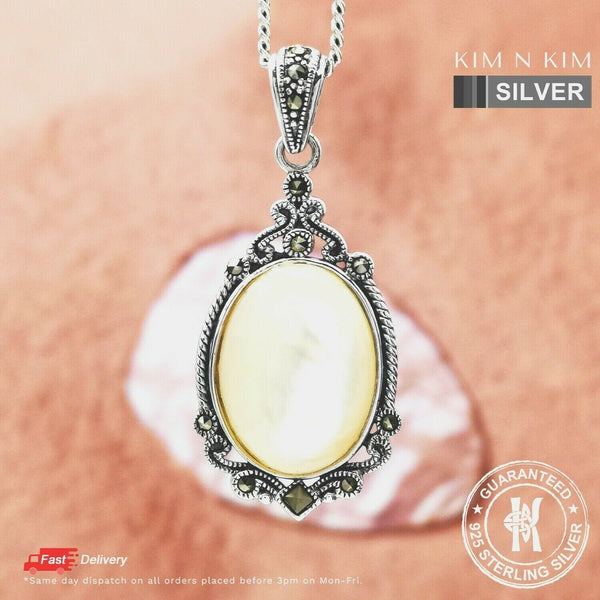 925 Sterling Silver Mother of Pearl with Marcasite Oval Pendant