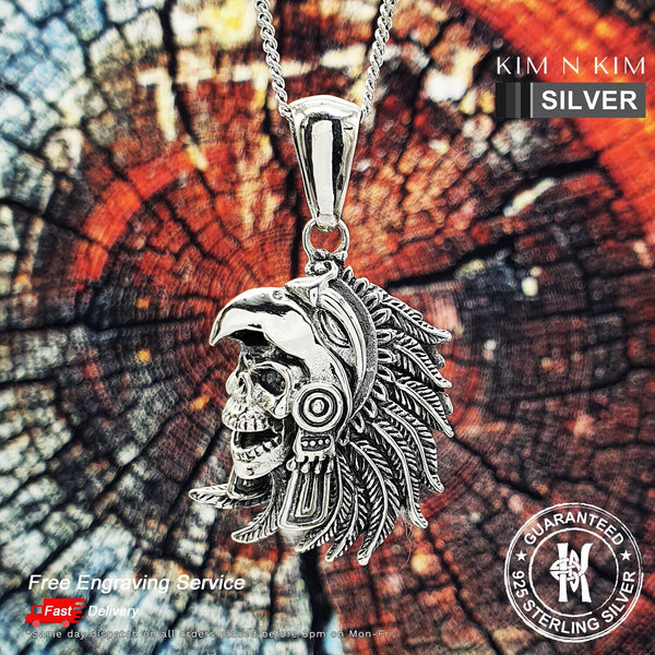 925 Sterling Silver American Indian Chief Skull Pendant