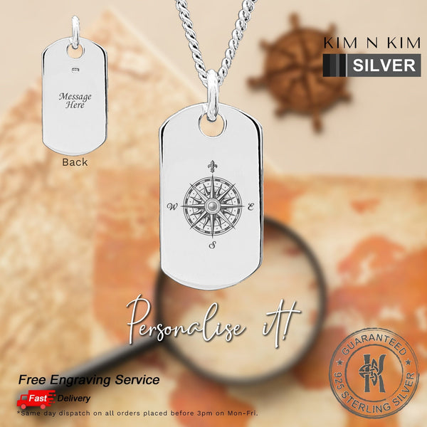 925 Sterling Silver Personalised Compass Rose Dog Tag Pendant