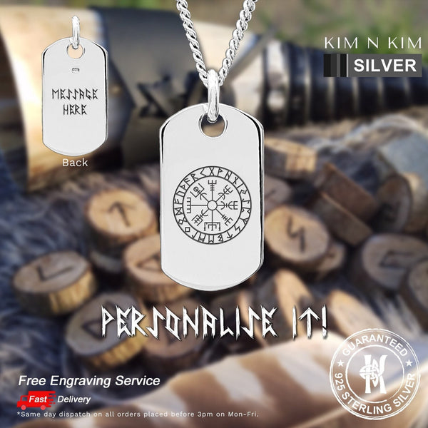 925 Sterling Silver Personalised Viking Compass Dog Tag Pendant