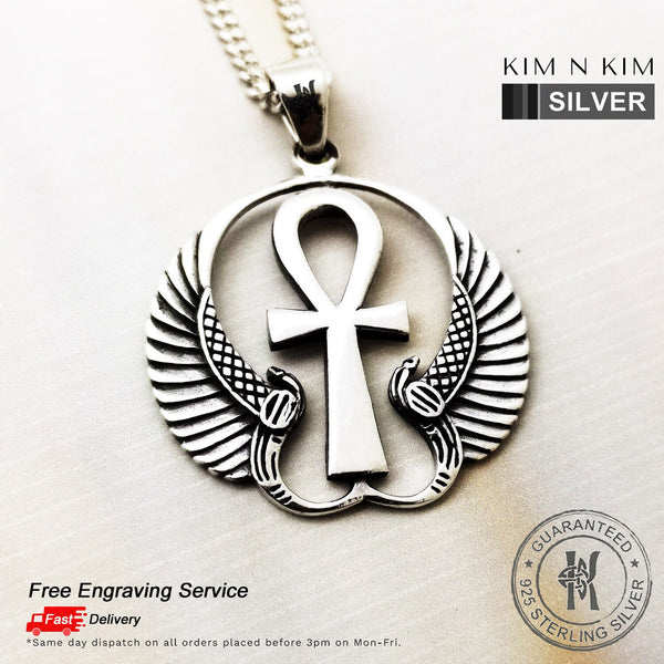 925 Sterling Silver Ankh Cross with Protective Wings of Isis Pendant