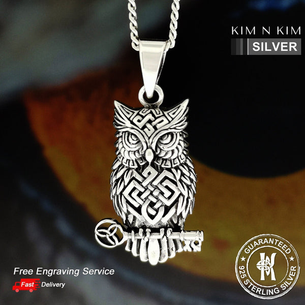 925 Sterling Silver Celtic Owl Key Pendant