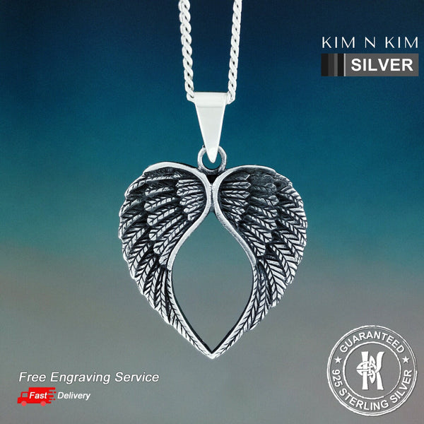 925 Sterling Silver Guardian Angel Wings Heart Pendant