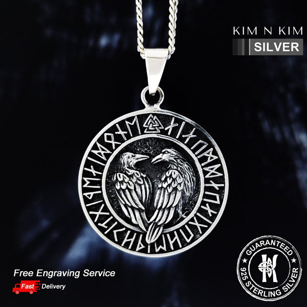 925 Sterling Silver Rune Odin's Ravens Hugin Munin Viking Norse Valknut Pendant