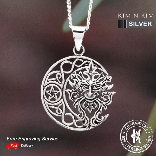 925 Sterling Silver Celtic Green Man with Moon Pendant