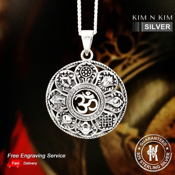925 Sterling Silver Om with 8 Tibetan Protective Symbols Astamangala Pendant