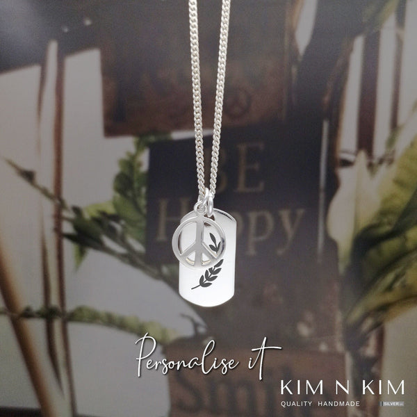 925 Sterling Silver Personalised Peace Charm Dog Tag Pendant