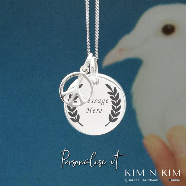 925 Sterling Silver Personalised Peace Charm & Disc Pendant Necklace