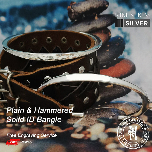 925 Silver Men's Women's Plain & Hammered ID Bangle Bracelet (Solid inside)
