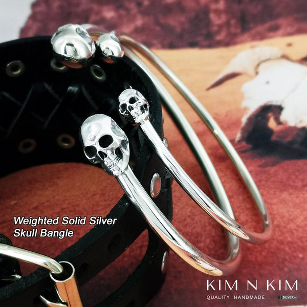 925 Silver Weighted Solid Torque Skull Bangle Bracelet