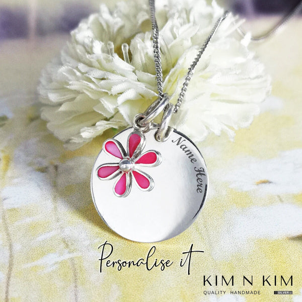 925 Sterling Silver Personalised Daisy Flower Charm & Disc Pendant Necklace