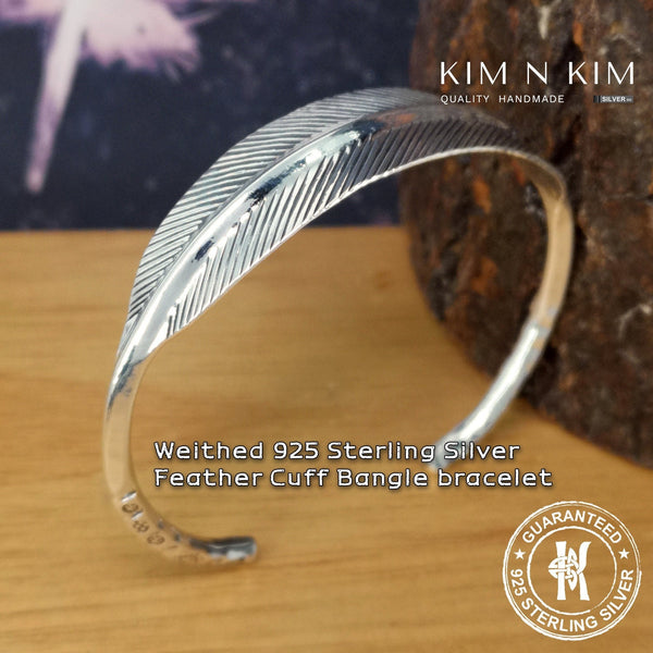 925 Sterling Silver Weighted Feather Design Cuff Bangle Bracelet